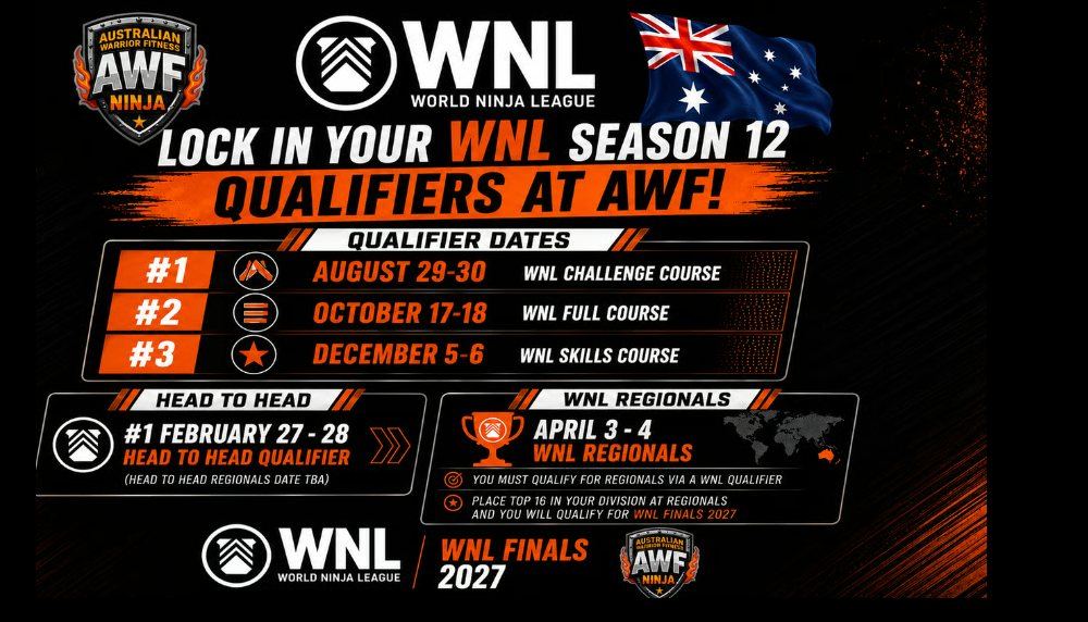 Lock in your WNL Season 12 Qualifiers at AWF: August 29-30 Challenge Course, October 17-18 Full Course, December 5-6 Skills Course, February 27-28 Head to Head, April 3-4 Regionals, WNL Finals 2027